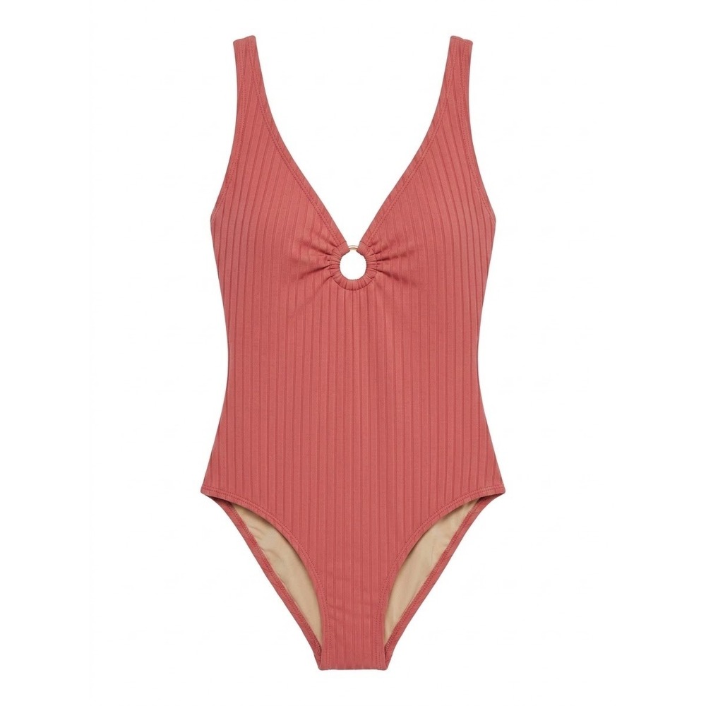 Unbranded Ribbed One Piece Swimsuit Women Medium Pink Coral O-Ring Cross Back